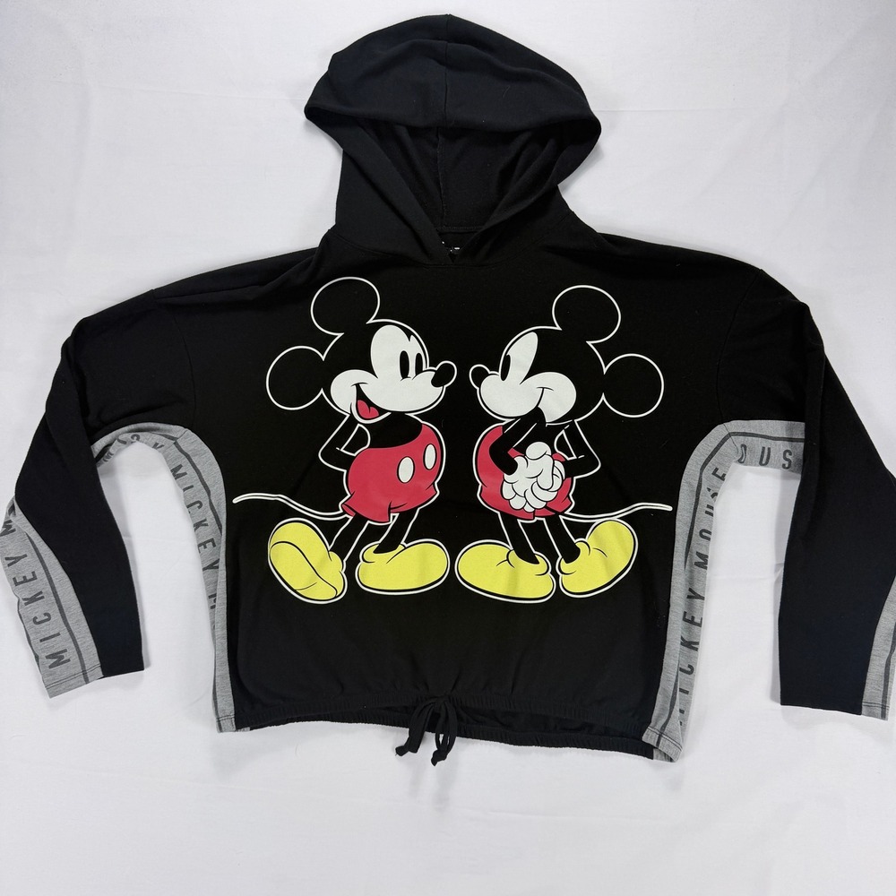 Disney Mickey‎ Mouse Graphic Hoodie Black Gray Cropped Drawstring Sweatshirt